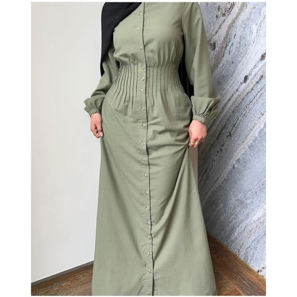 Veiled Lila Linen Blend Button Down Cinched Waist Maxi Dress XXS Petite Short - Picture 1 of 8
